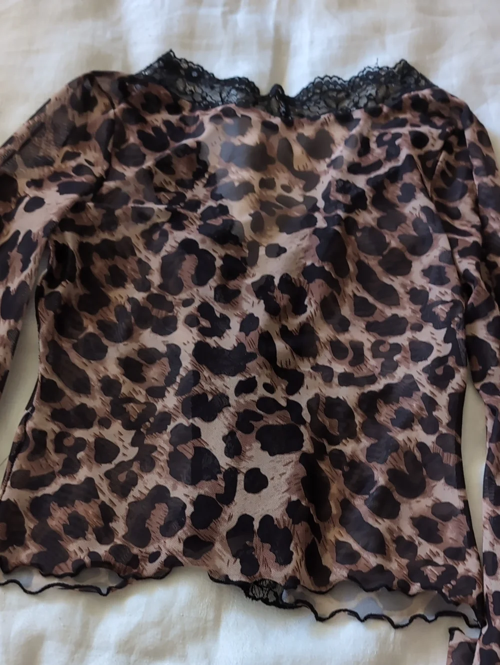 Leopard Print Lace-Trim Women's Top - Brown/Black - Picture 6 of 6